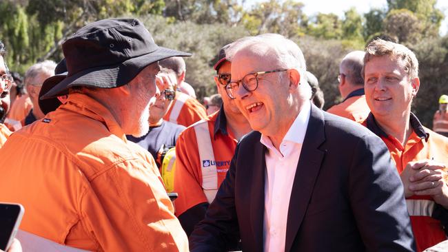 Prime Minister Anthony Albanese speaking to workers at the Whyalla Steelworks.