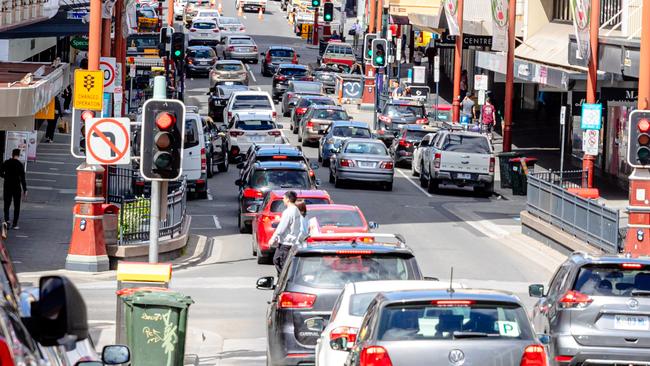 New scramble crossings at the intersection of Liverpool and Elizabeth streets in Hobart CBD. Picture: Linda Higginson