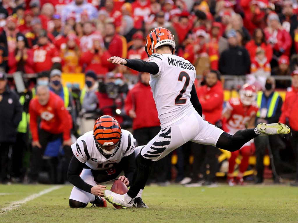 Kicker Evan McPherson is yet to miss an attempt for the Bengals this postseason, after signing with Cincinnati as a contentious draft pick. Picture: David Eulitt/Getty Images