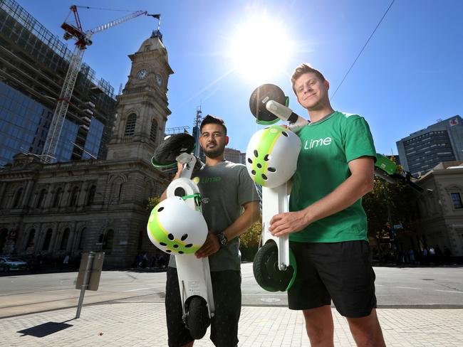 Lime Scooters staff Karan Chopra and Zak Bishop. Picture: Tait Schmaal