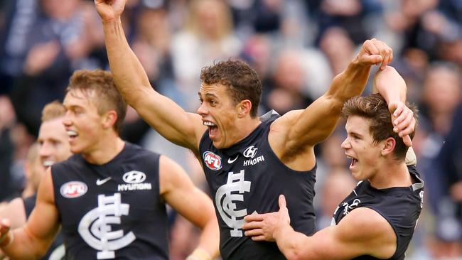 Ed Curnow celebrates a goal against Essendon.