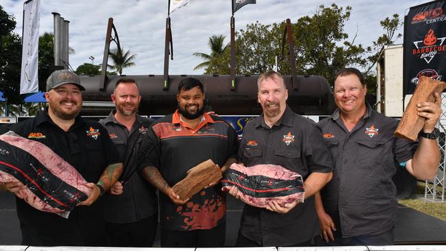 Teams competing in BBQ Battle at Strand Park, with $5k for the winners. Event organisers Justin Bland Paul Miller, Jake Stone, Dennis Littlewood and Dan Wilschefski. Picture: Evan Morgan