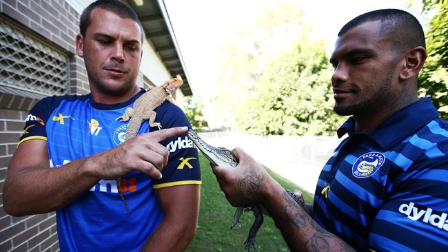 Danny Wicks and Manu Ma'u front the media — with added reptiles.