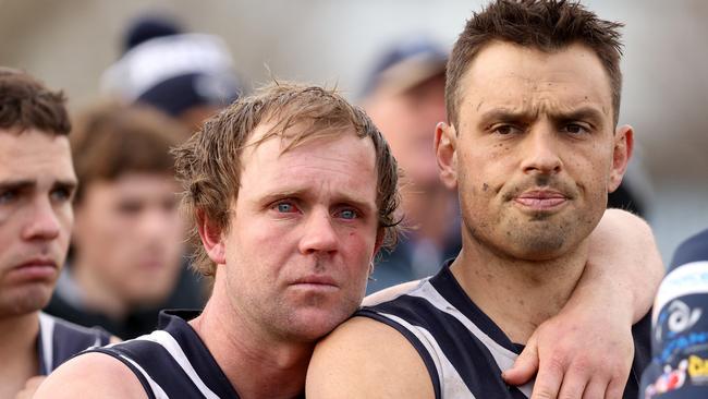 Brent Marshall and Sam Lloyd after Bundoora’s grand final defeat. Picture: Hamish Blair