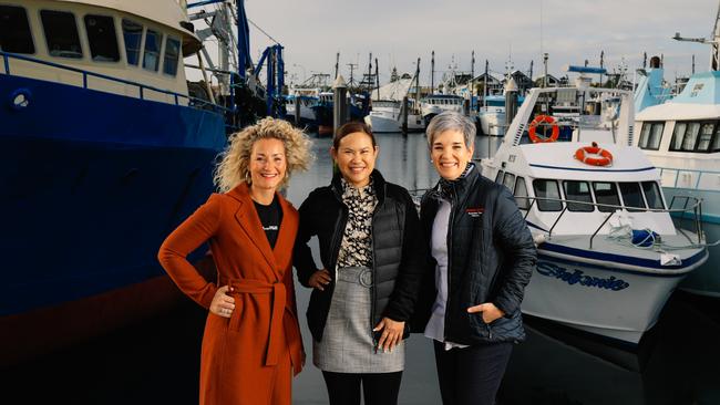 Simoan Hayman, Lukina Lukin and Kylie Petherick at the Port Lincoln Marina. Picture: Robert Lang