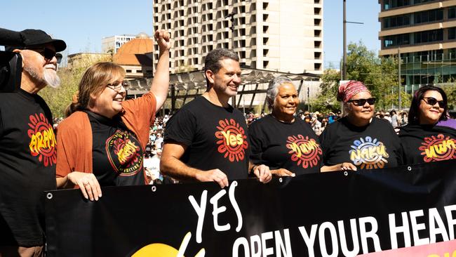 Leaders alongside Kyam Maher at the Adelaide Walk for Yes in Victoria Square/Tarntanyangga. Picture: Morgan Sette