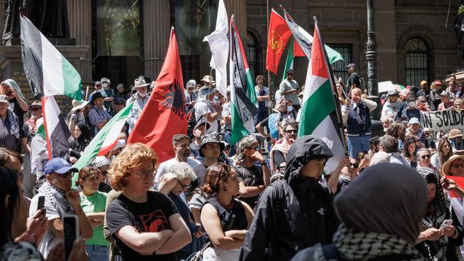 Protestors gather at the State Library in Melbourne. Picture: Nadir Kinani