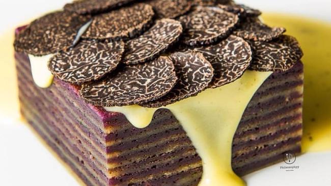 <b>Lucky Suzie, Darlinghurst </b>Taro layer cake with truffle custard.