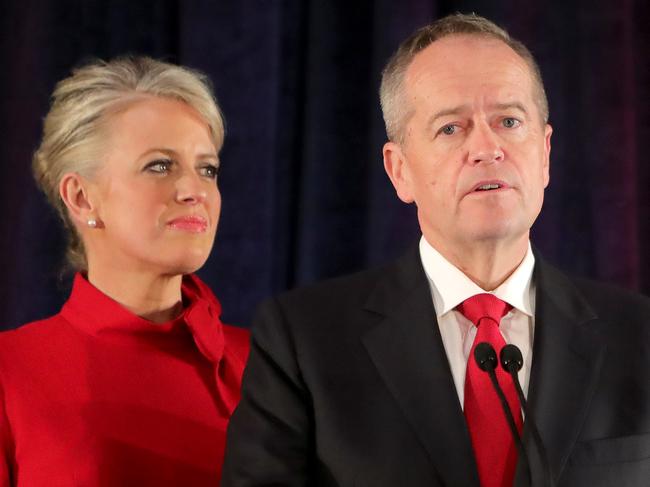 Shorten making his concession speech with wife Chloe. Picture: Stuart McEvoy