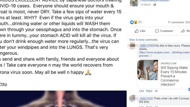 A Facebook post falsely saying that drinking water regularly will kill coronavirus. It has been debunked. Picture: Facebook/AAP