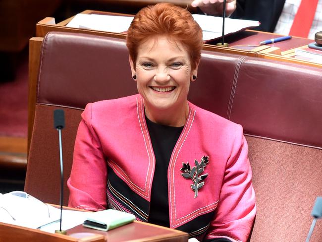 One Nation Party leader Senator Pauline Hanson thanks Mr Smith for his support. Picture: Lukas Coch/AAP