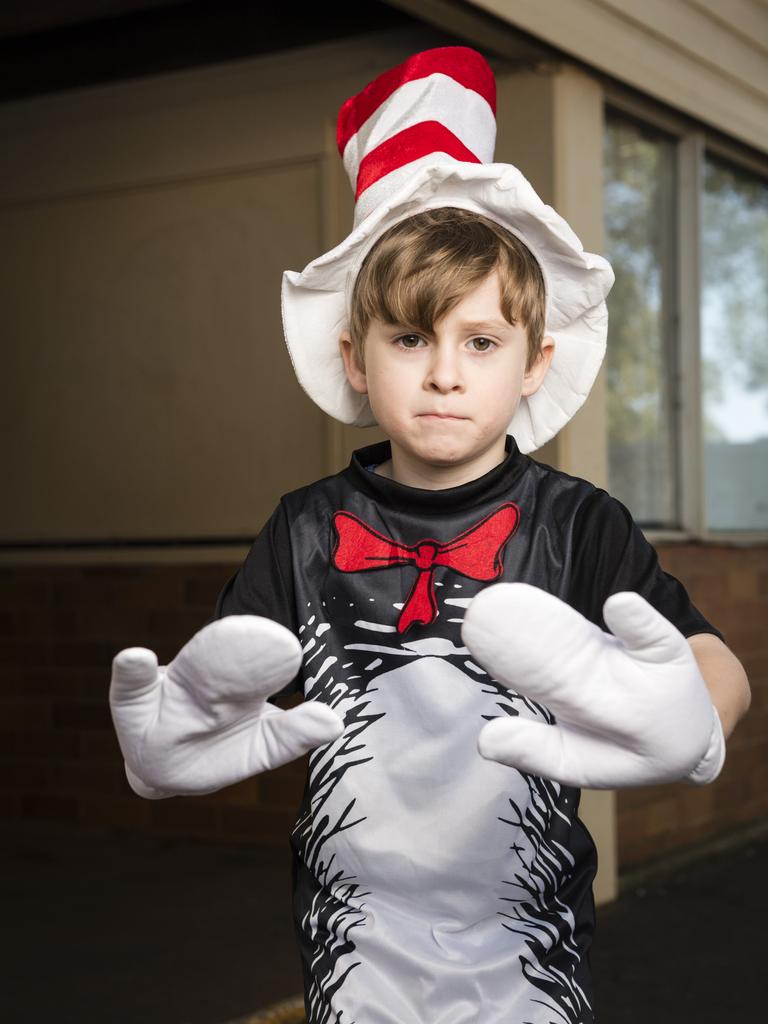 Ryan Allen as The Cat in the Hat for Book Week at Rangeville State School, Friday, August 25, 2023. Picture: Kevin Farmer