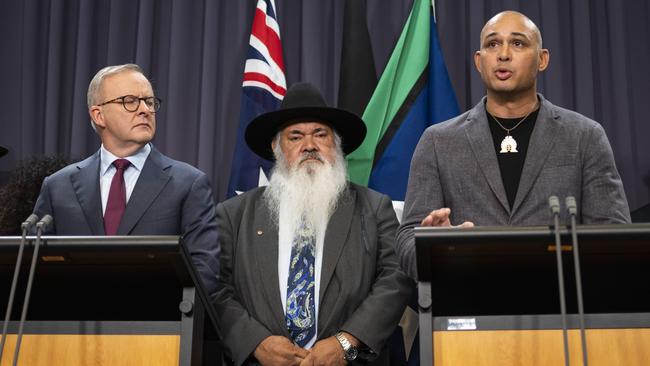 Anthony Albanese, Patrick Dodson and Thomas Mayo at Parliament house in Canberra on Thursday. Picture: Martin Ollman