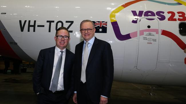 Prime Minister Anthony Albanese with Alan Joyce at the launch of the Qantas 'Yes' Campaign. Picture: Gaye Gerard