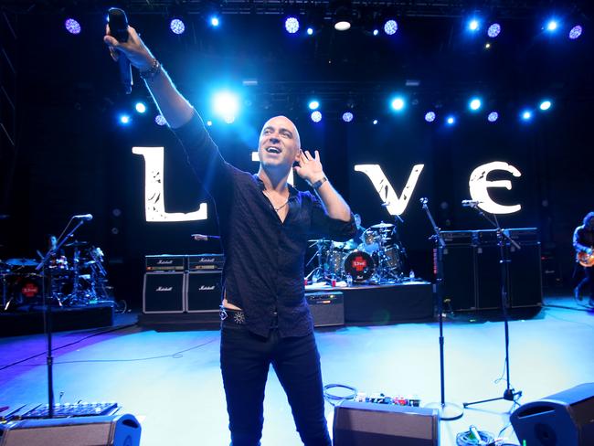 Ed Kowalczyk, Taylor, Patrick Dahlheimer and drummer, Chad Gracey, new singer, Chris Shinn, on stage as Live ( the band name is 'Live') in concert, at the River Stage, Gardens Point Road, Brisbane, on Wednesday November 15th 2017. AAP Image/Steve Pohlner