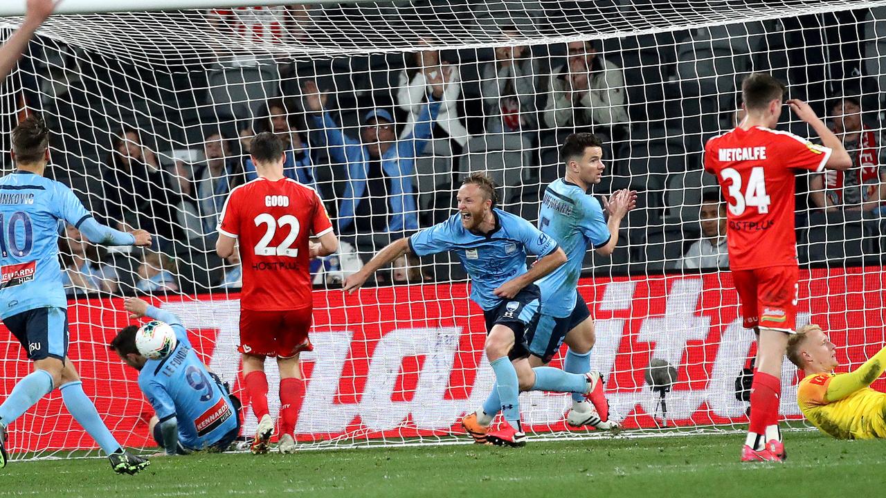 Rhyan Grant of Sydney FC celebrates his goal.