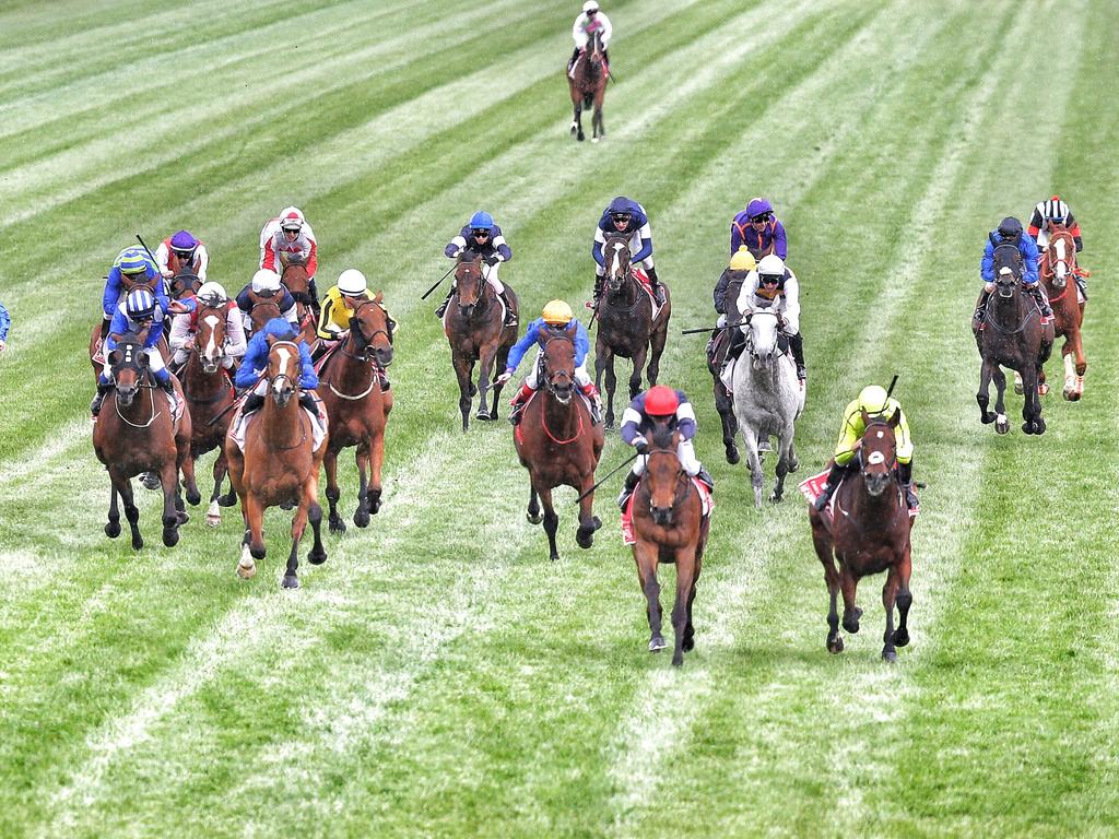 Almandin and Heartbreak City duel to the line in theMelbourne Cup. Picture: Tim Carrafa from Crown marquee)