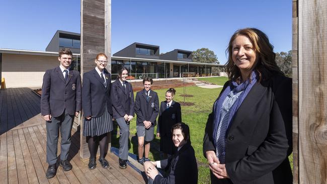 Cornish College principal Nicola Forrest (right) with grade 11 students Rocco, Danielle, Zoe, Xavier, Piper and Lachlan. Picture: Valeriu Campan