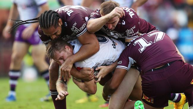 Manly will be out to avenge their opening-round loss to Melbourne when they clash again in round 16 at AAMI Park. Picture: Brett Costello