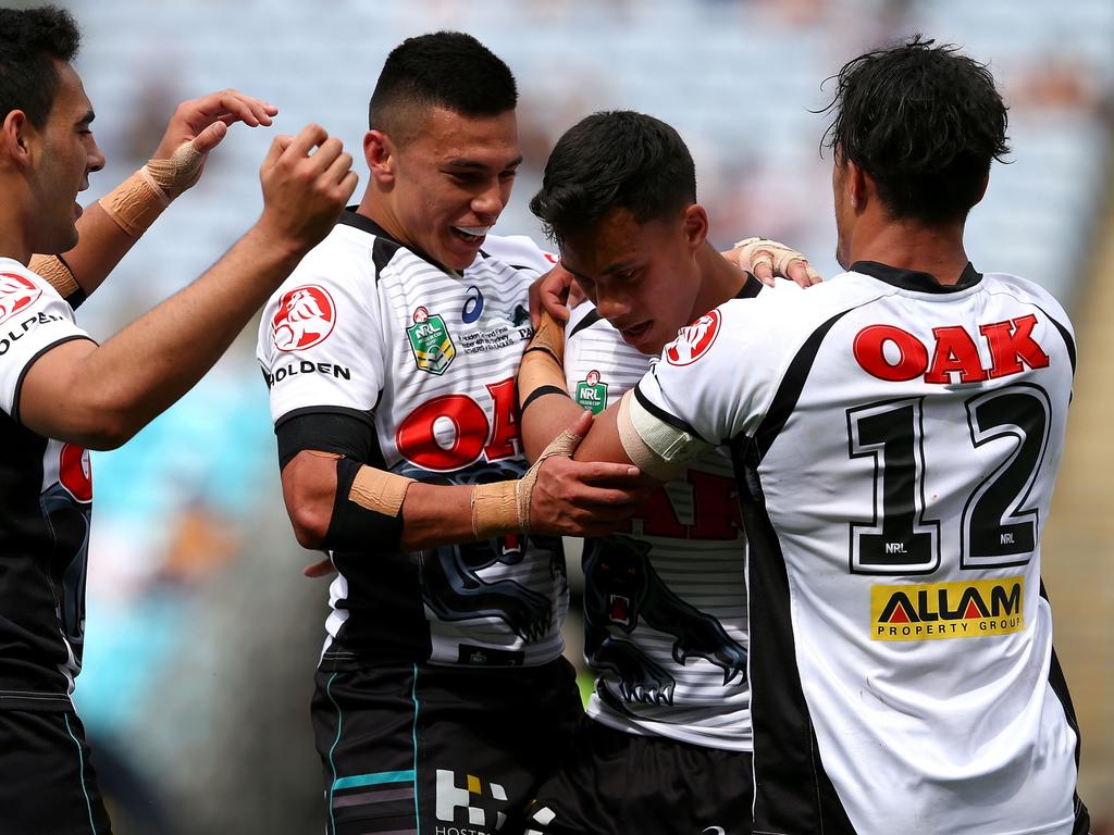 Jarome Luai of the Panthers celebrates with teammates after scoring a try during the 2015 U20's Holden Cup grand final, a side coached by Cameron Ciraldo. Picture: Renee McKay/Getty Images