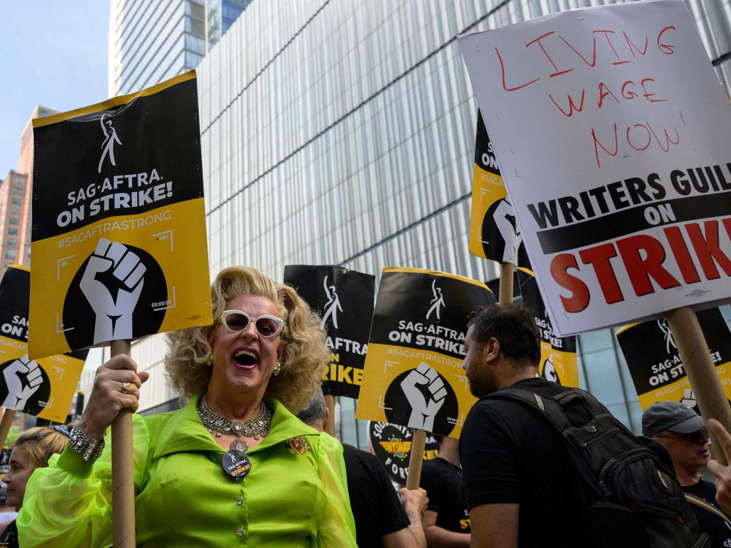 SAG-AFTRA and WGA strikers picketing in NYC in August. Picture: Angela Weiss/AFP