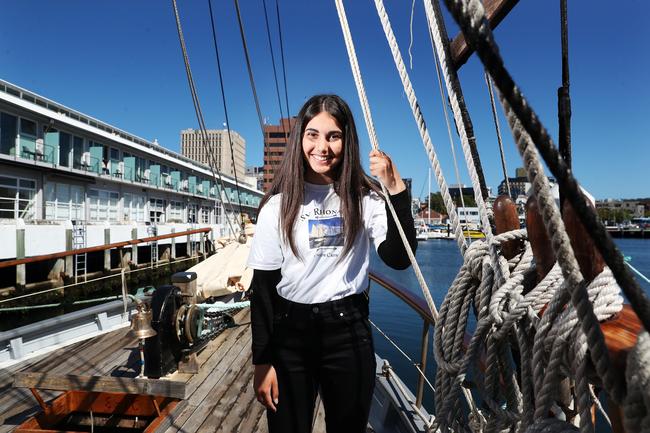 Paige Thomas 14 crew member of the SV Rhona H who were part of the flotilla to say goodbye to the Aurora Australis. Final voyage out of Hobart for the Aurora Australis. Picture: NIKKI DAVIS-JONES