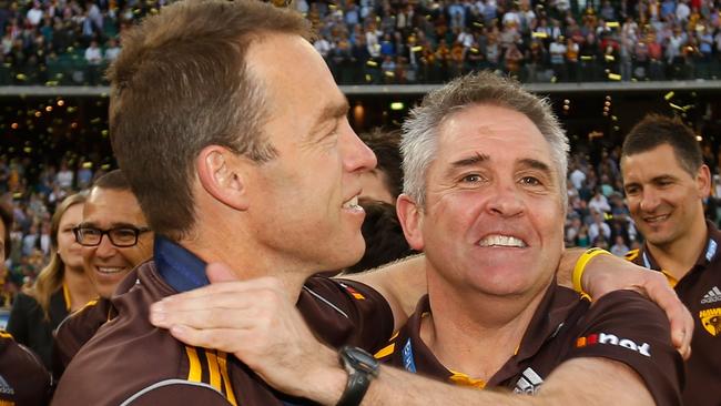 Alastair Clarkson and Chris Fagan celebrate after the 2014 grand final. Picture: AFL Media