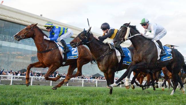 Another Wil (left) and Here To Shock (centre) will again clash at Saturday’s Underwood Stakes meeting at Caulfield. Picture: Racing Photos via Getty Images