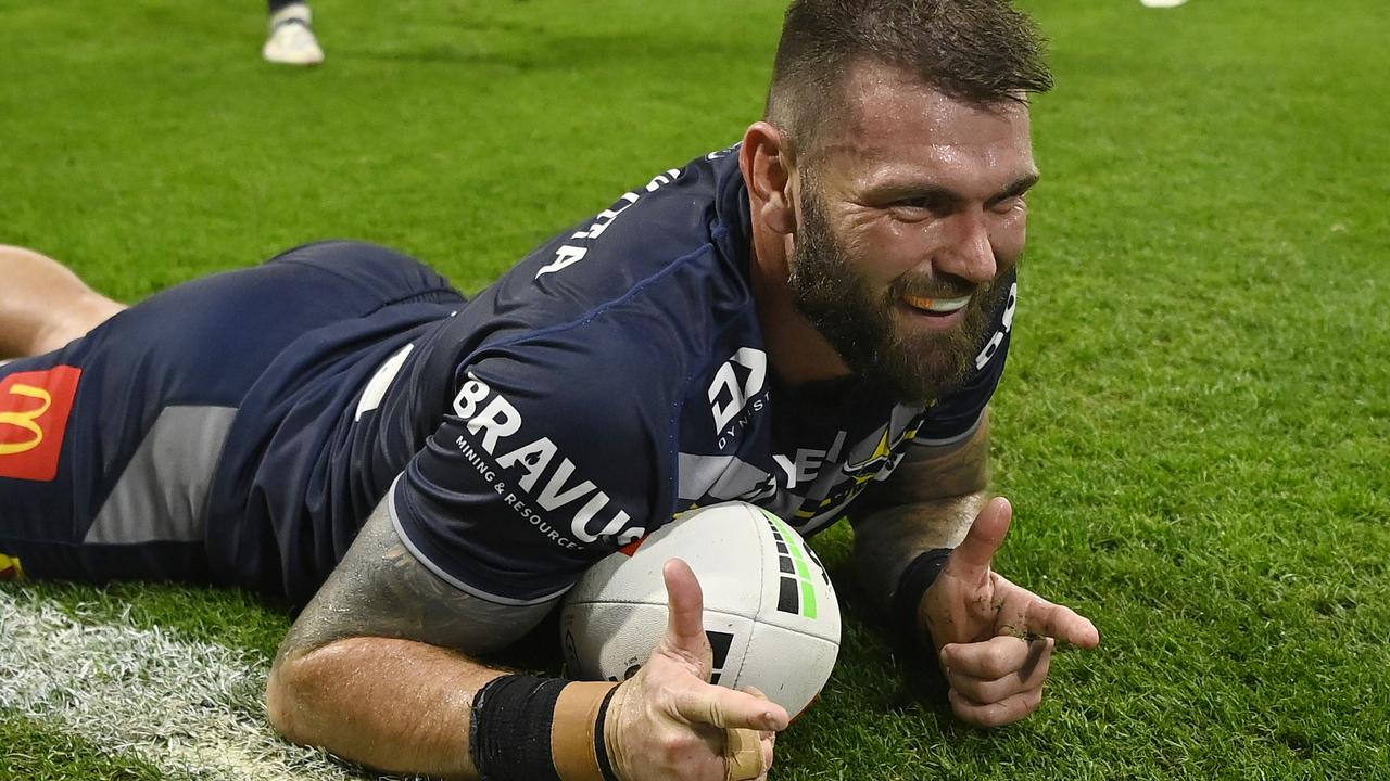 *** BESTPIX *** TOWNSVILLE, AUSTRALIA - AUGUST 17: Kyle Feldt of the Cowboys celebrates after scoring a try during the round 24 NRL match between North Queensland Cowboys and Canberra Raiders at Qld Country Bank Stadium, on August 17, 2024, in Townsville, Australia. (Photo by Ian Hitchcock/Getty Images)