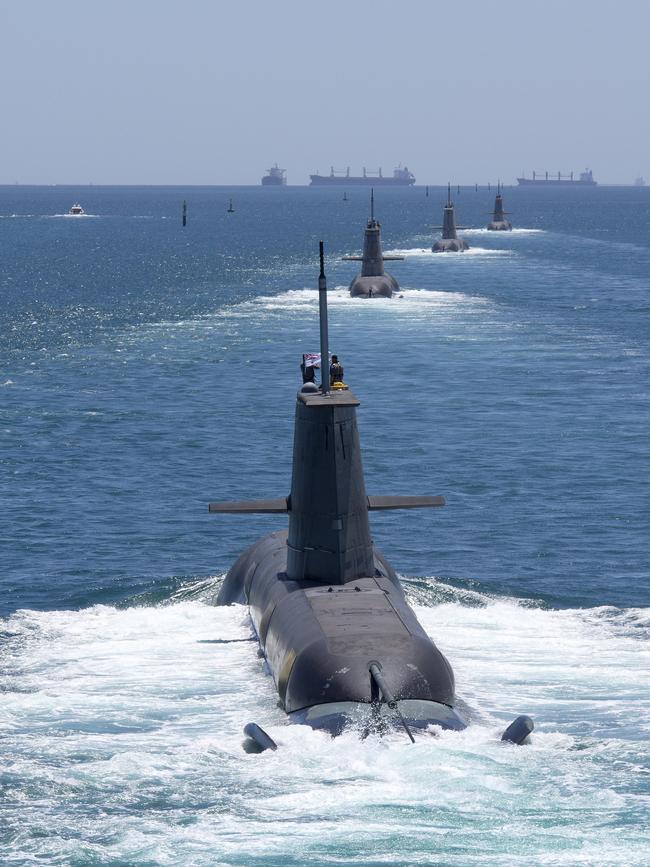 Collins Class submarines HMAS Collins, HMAS Farncomb, HMAS Dechaineux and HMAS Sheean in formation while transiting through Cockburn Sound, Western Australia. Picture: Royal Australian Navy