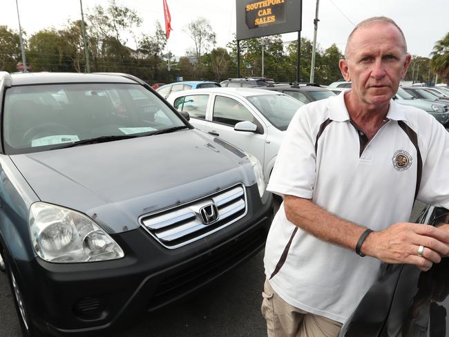 5/2/2019: Grantley Davis owns a family run second hand car dealership at Labrador on the Gold Coast. Grantley says his customers are bewildered by their inability to get car loans, and said his sales have gone down 25 per cent as banks have clamped down on giving car loans for customers. . Lyndon Mechielsen/The Australian