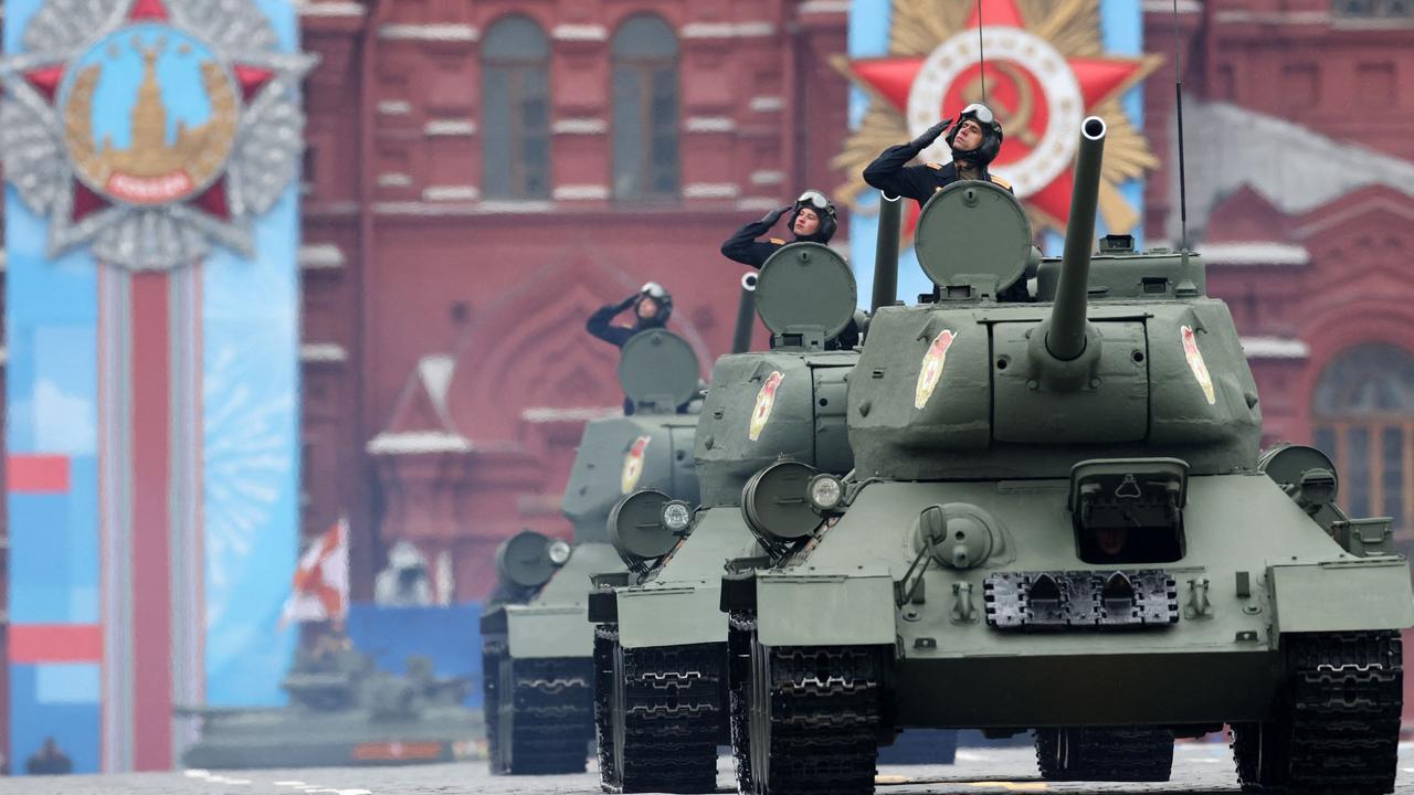 Historical T-34 tanks moving through Moscow’s Red Square during the 2021 Victory Day celebrations. Picture: Dimitar Dilkoff / AFP.