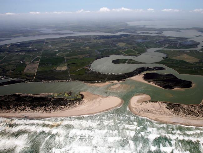 Aerial photographs of the Murray Mouth, South Australia. The Murray Mouth looking back towards Hindmarsh Island and the Lake Alexandrina