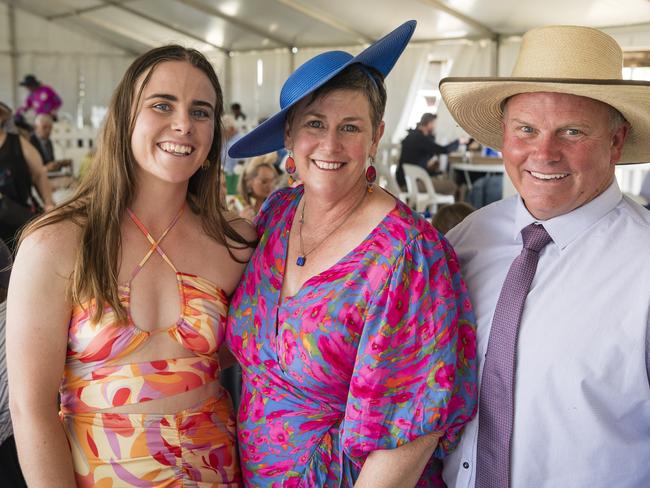 At the Clifton Races are (from left) Eliza, Kate and Joe Flynn, Saturday, October 28, 2023. Picture: Kevin Farmer