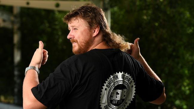 Humpty Doo Diesel Mechanic Ash Gardner has the fiercent bloody mullet in Australia, probably the world. Picture. Che Chorley.