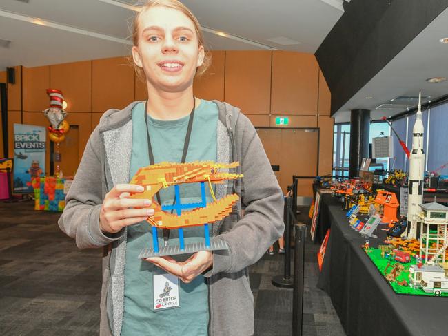 Ballina Lego master builder Coopa Donnelly, 15, showcasing the Ballina Big Prawn among many other creations, at the Ballina Brick Event in the Ballina RSL Club on Sunday, April 16.