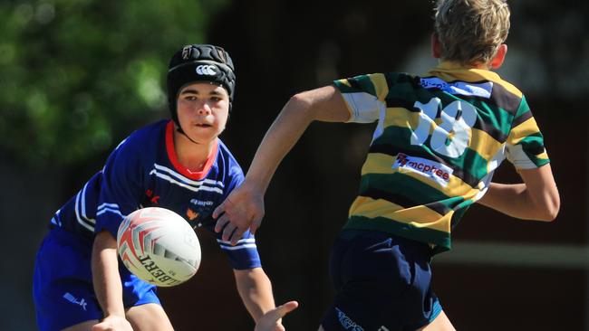 SURFERS PARADISE RUGBY, GOLD COAST , AUSTRALIA - April 10, 2021: Surfers Paradise Dolphins U14sv USQ Saints U14s - Day Two of King of the Country rugby tournament.Played at Surfers Paradise Eagles Rugby Ground at Southport. Picture: Scott Powick Newscorp
