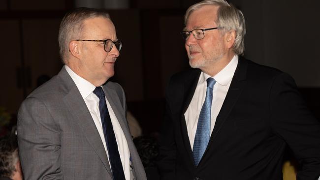 Anthony Albanese with Kevin Rudd at the National Apology Anniversary breakfast. Picture: NewsWire / Gary Ramage