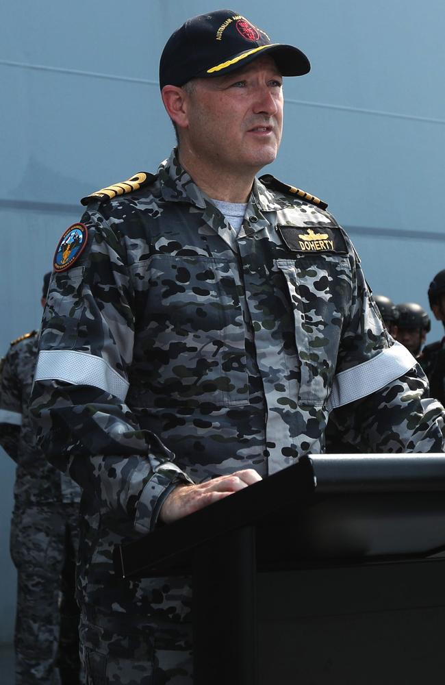 Commander of the Amphibious Task Force Captain Christopher Doherty aboard the HMAS Adelaide in Darwin ahead of Exercise Keris Woomera on November 3. Picture: Zizi Averill