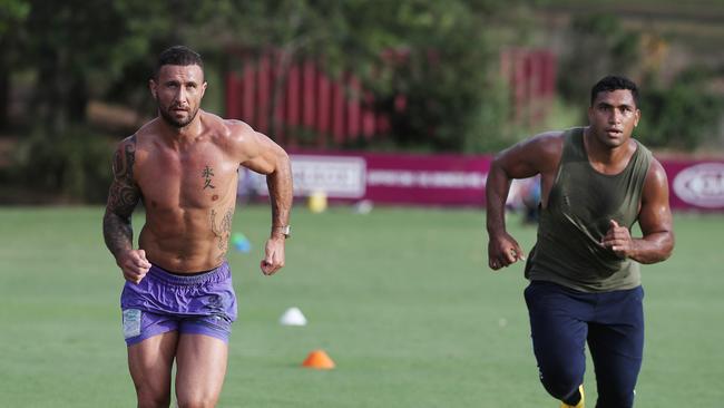 Quade Cooper and Tevita Pangai Jnr train at Red Hill. Picture: Annette Dew