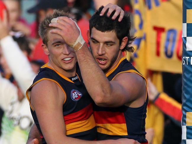 AFL football - Round 14 Adelaide Crows vs Richmond match at AAMI Stadium - footballer Bernie Vince and Taylor Walker. Picture: Cross Simon