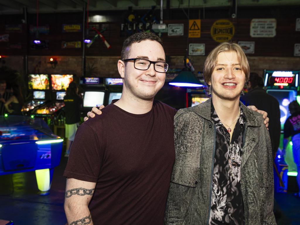 Ethan Hill (left) and Travis Theuerkauf celebrate New Year's Eve at Flipp'd, Tuesday, December 31, 2024. Picture: Kevin Farmer