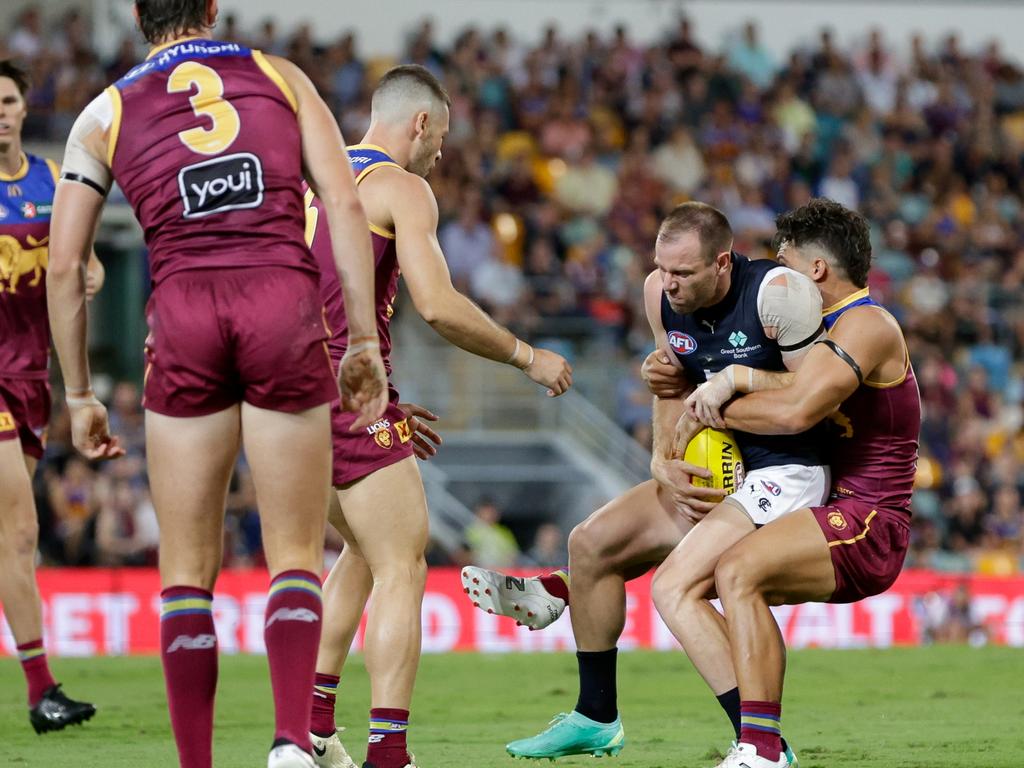 Sam Docherty is tackled against the Lions. Picture: Russell Freeman/AFL Photos via Getty Images