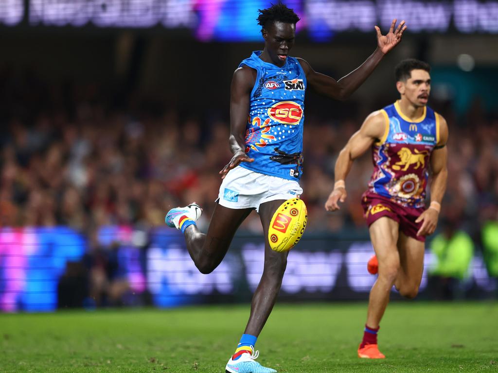 Gold Coast Suns defender Mac Andrew during Saturday night’s QClash at the Gabba. Picture: Chris Hyde / Getty Images