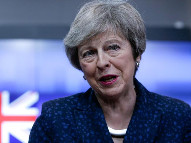 British Prime Minister Theresa May speaks to the press after a meeting with the President of the European Council at the European Council in Brussels on February 7, 2019. (Photo by Aris Oikonomou / AFP)