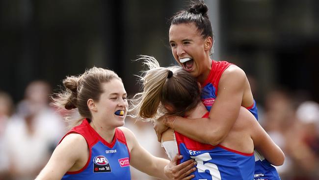 MELBOURNE, AUSTRALIA - FEBRUARY 09: Bailey Hunt of the Western Bulldogs celebrates a goal during the round one AFLW match between the St Kilda Saints and the Western Bulldogs at RSEA Park on February 09, 2020 in Melbourne, Australia. (Photo by Darrian Traynor/Getty Images)