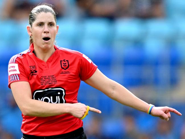 Referee Kasey Badger held her nerve in the Raiders-Titans game. Picture: Bradley Kanaris/Getty Images