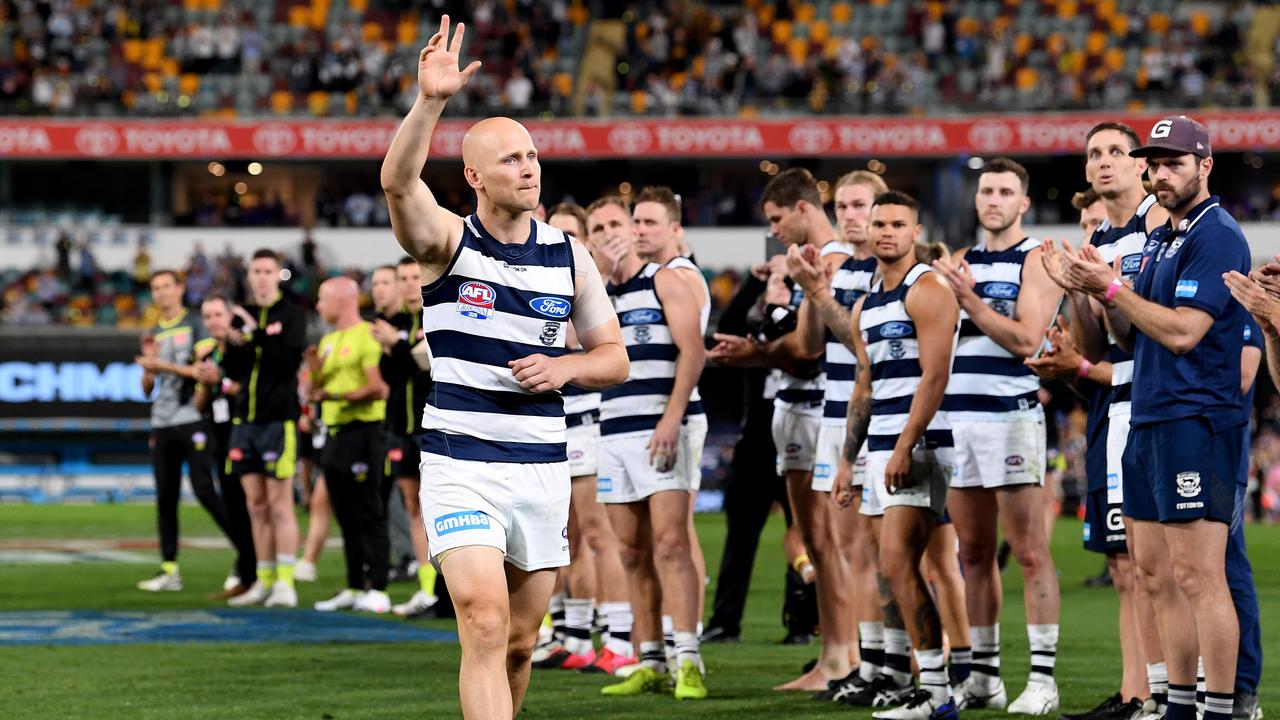 BRISBANE, AUSTRALIA - OCTOBER 24: Gary Ablett of the Cats farewells fans after the 2020 AFL Grand Final match between the Richmond Tigers and the Geelong Cats at The Gabba on October 24, 2020 in Brisbane, Australia. (Photo by Bradley Kanaris/AFL Photos/via Getty Images)
