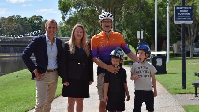 Active Transport Minister Rob Stokes and Parramatta Katie Mullens with cyclists along the Parramatta River.