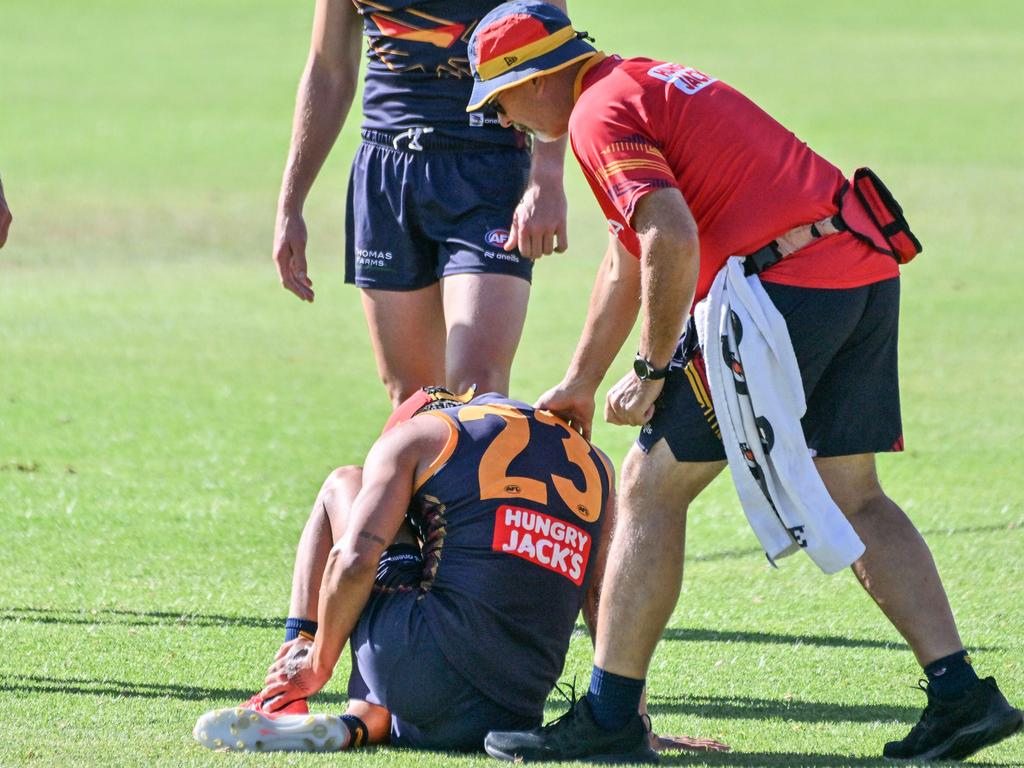 The Crows star reaches towards the painful area. Picture: Brenton Edwards